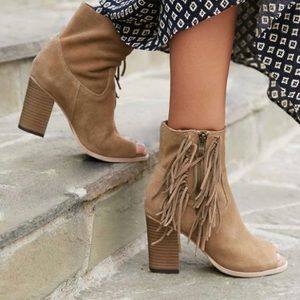 MIA “Coty” Suede Fringe open toe booties